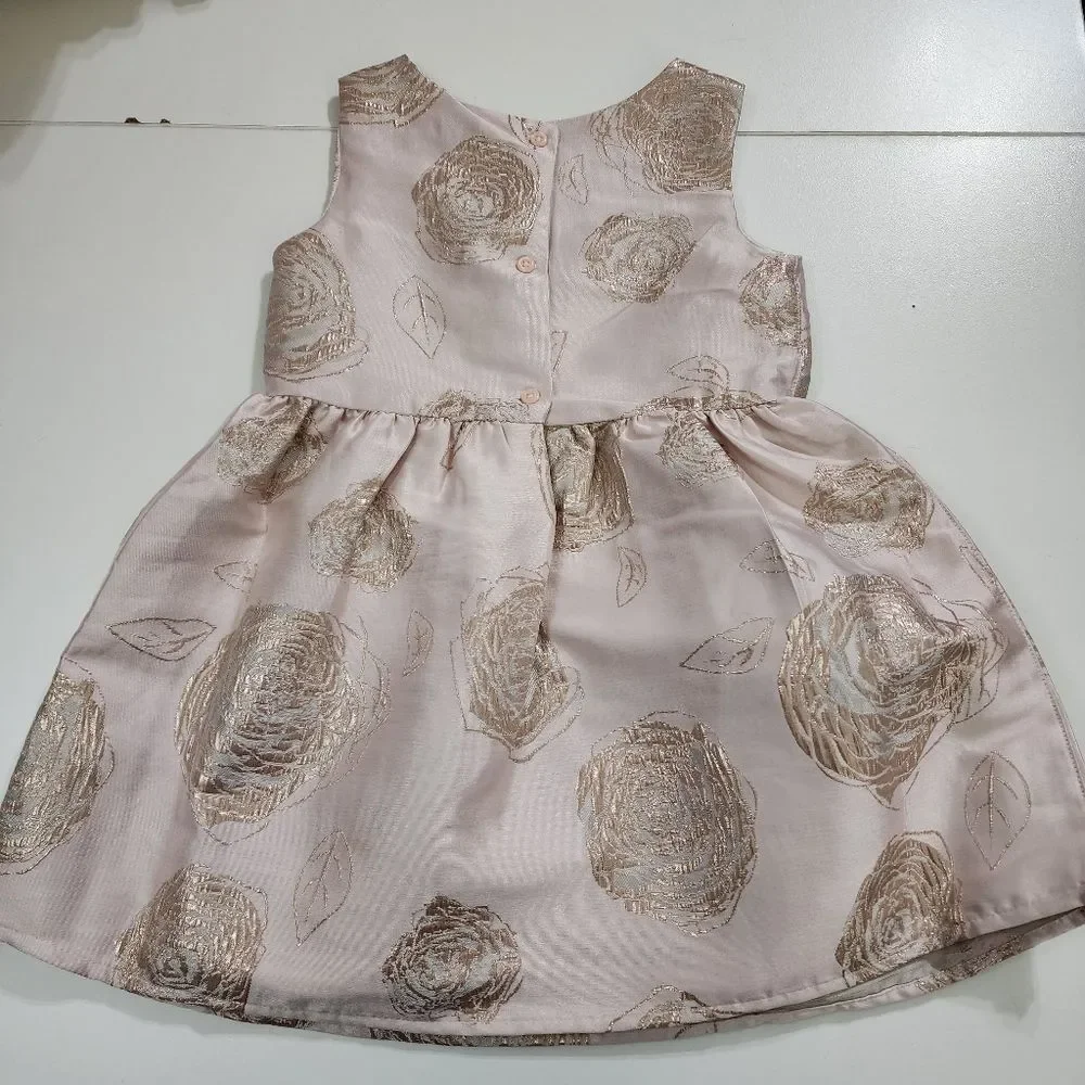 Girls Pink Rose Gold Brocade Jacquard Formal Flower Roses Dress Size 4t